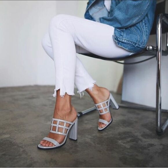Mode Collective Lily White Grey Nappa Leather Caged Block Heeled Slip On Sandals - Picture 13 of 14